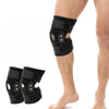 Schwarzer, geknickter Knieorthese mit Patellastabilisatoren, getragen an einem Bein.