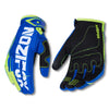A pair of blue and neon green motocross gloves shown against a white background.
