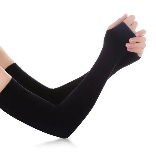 Black ice sleeves worn on a hand, showing the elastic fit and texture.
