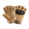 A pair of tan protective training gloves shown from above.