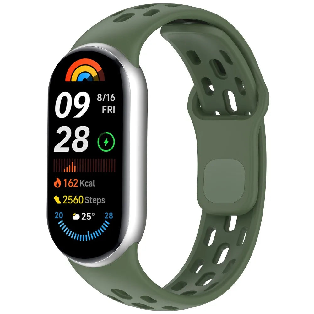A green silicone smart watch band with a digital display showing workout metrics and a rainbow graphic.
