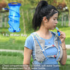 A woman is wearing a hydration backpack with chest and back compartments for water bottles.