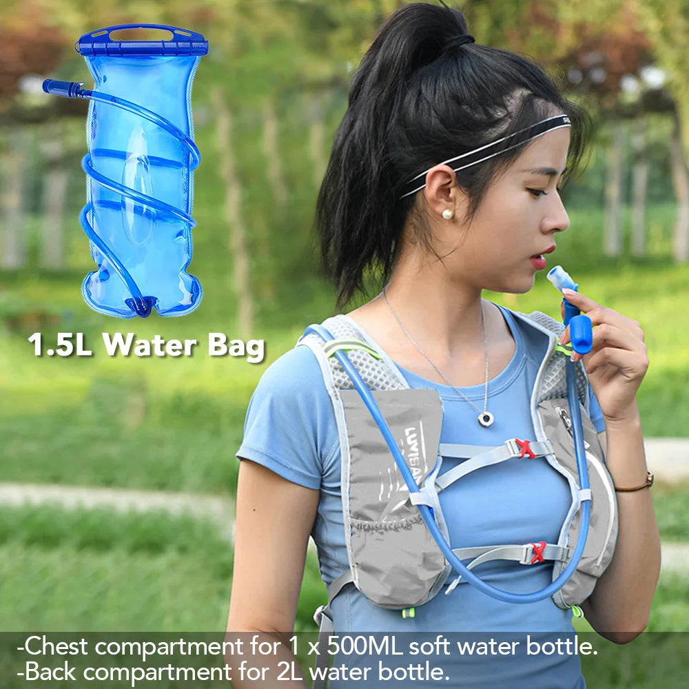 A woman is wearing a hydration backpack with chest and back compartments for water bottles.