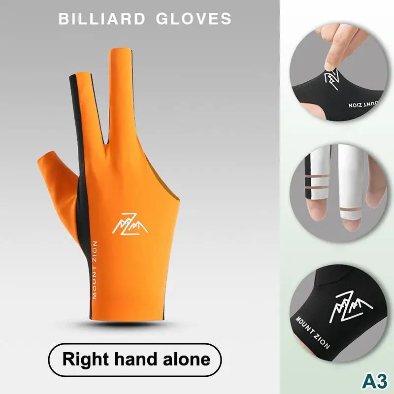 Orange billiard gloves shown on a hand, with close-ups of the palm and fingers.