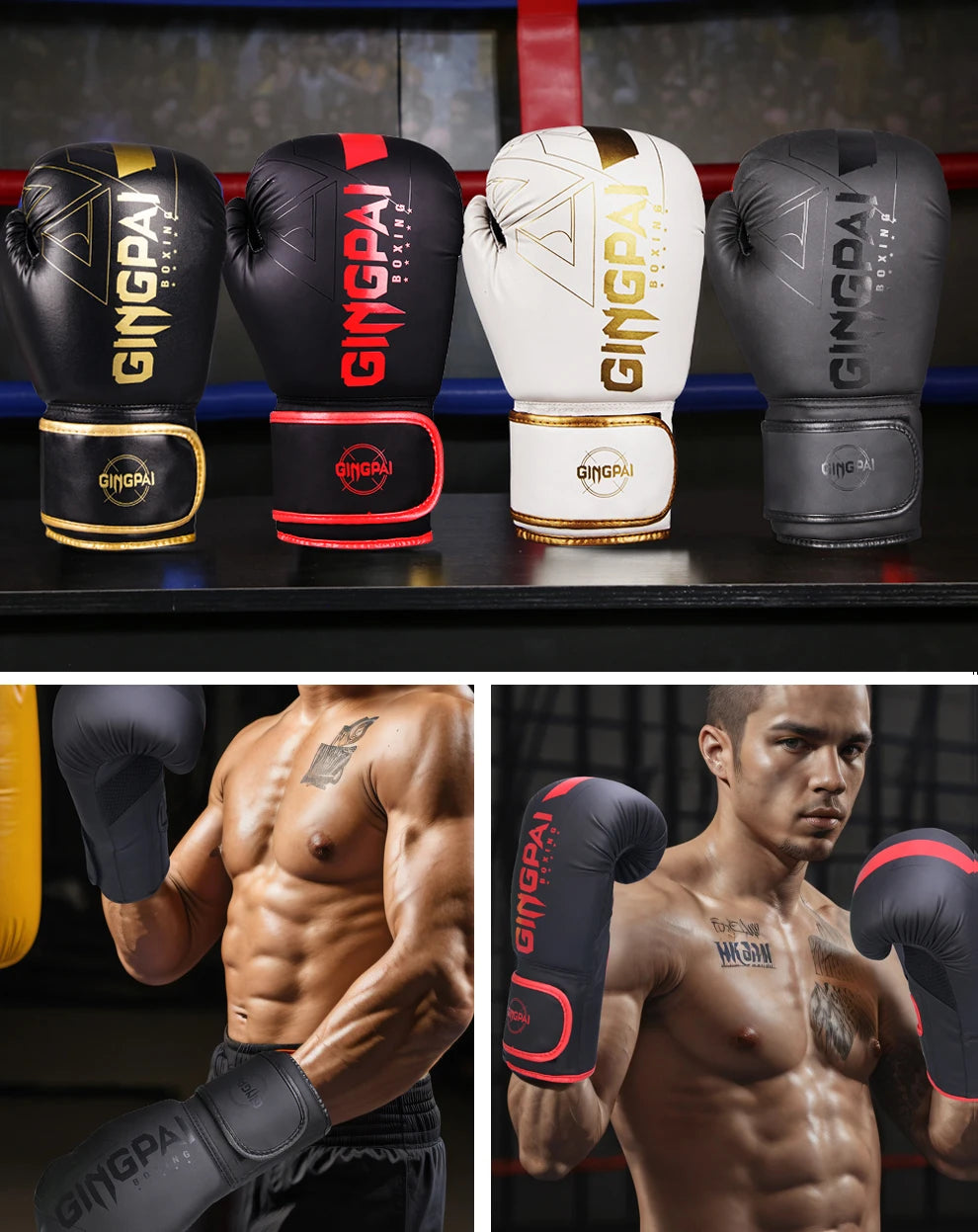 A set of black and white Pro Boxing Training Gloves displayed on a dark surface, with close-ups showing the gloves being worn