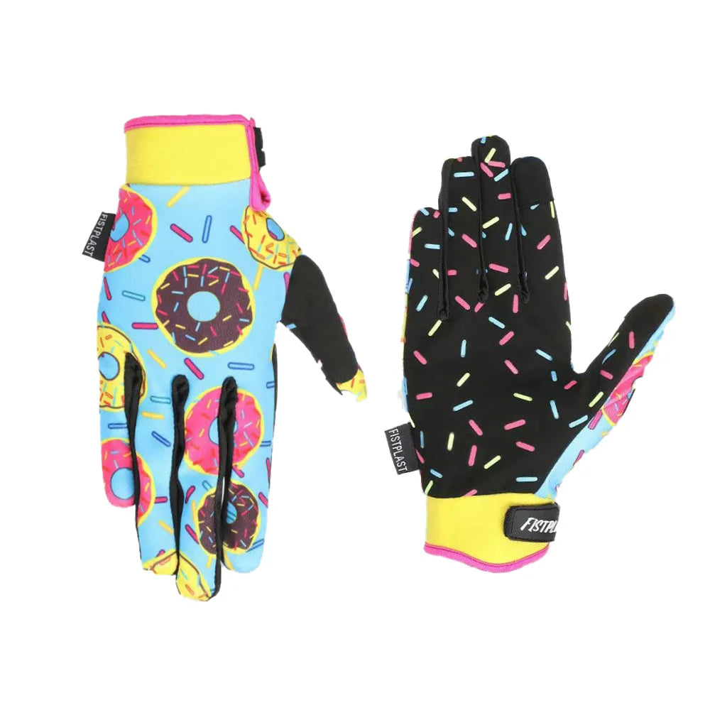 A pair of colorful, patterned motorcycle and MTB gloves featuring bright pink, yellow, and blue designs.