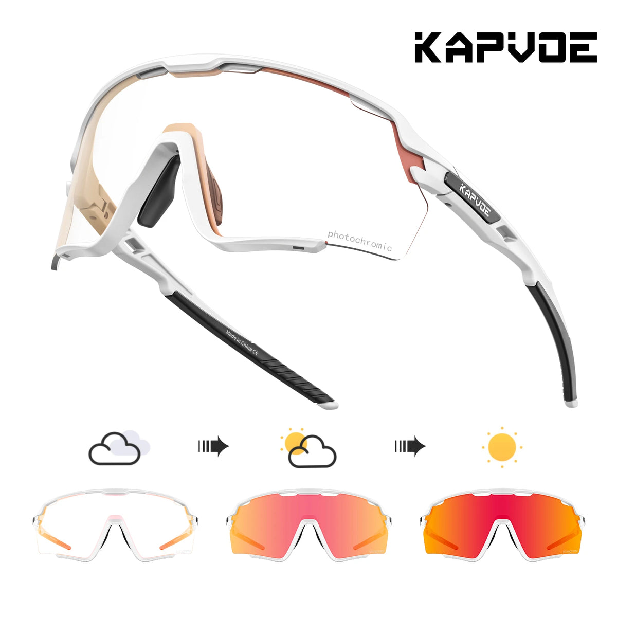 A pair of Kapvode photochromic cycling sunglasses shown in various states of light adaptation.
