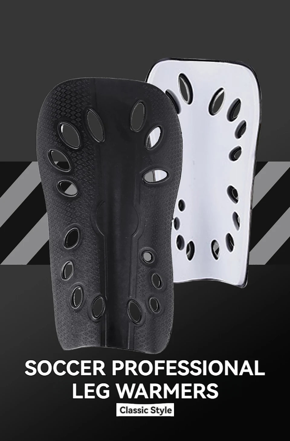 A pair of black and white soccer leg warmers or shin guards displayed against a dark background.