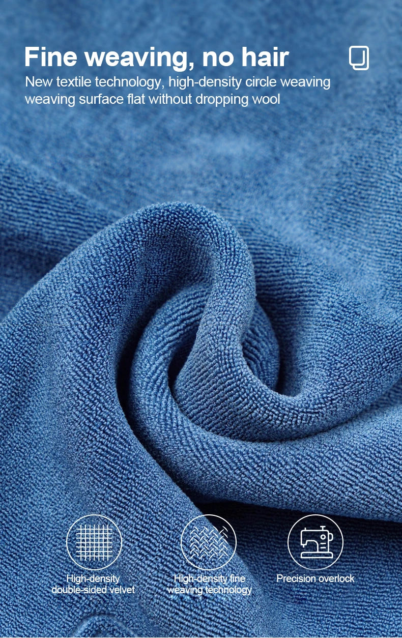 Close-up of a blue microfiber towel showing fine weaving texture and precision overlock stitching.