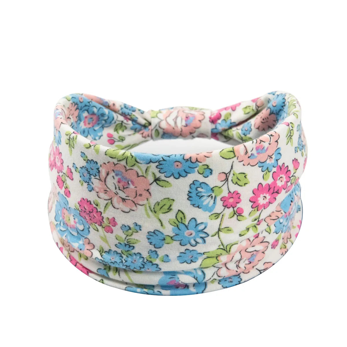 A pink and blue floral butterfly patterned fabric headband for fitness.