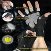 Close-up of black cycling gloves showing features like a thick foam pad, anti-slip grip, and breathable material.