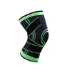Black compression knee brace with neon green accents for joint support and sports.