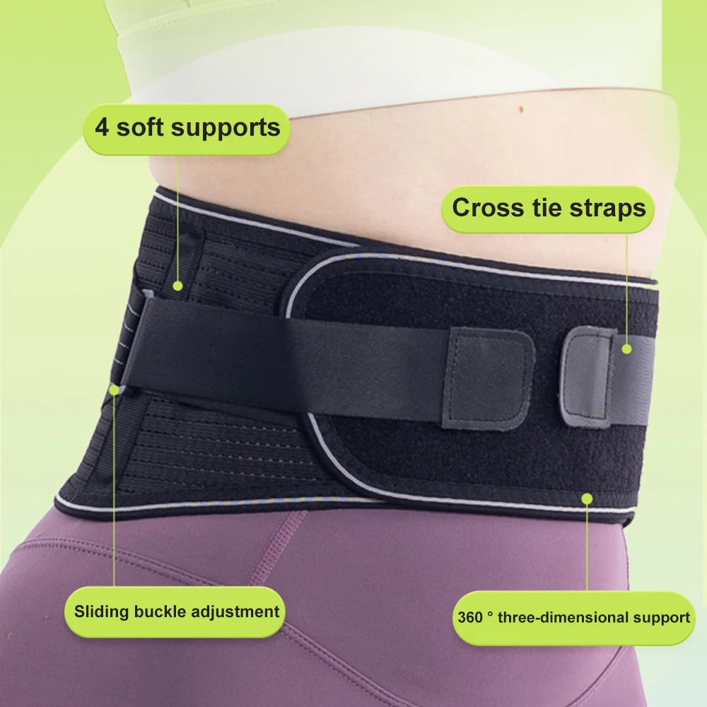 A black adjustable lower back pain support belt shown on a person's torso, highlighting soft supports and cross tie straps.