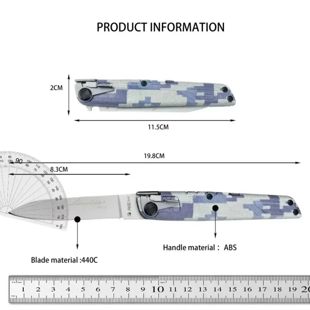 A precision folding pocket knife with a camouflage pattern and an ABS handle shown next to a ruler.