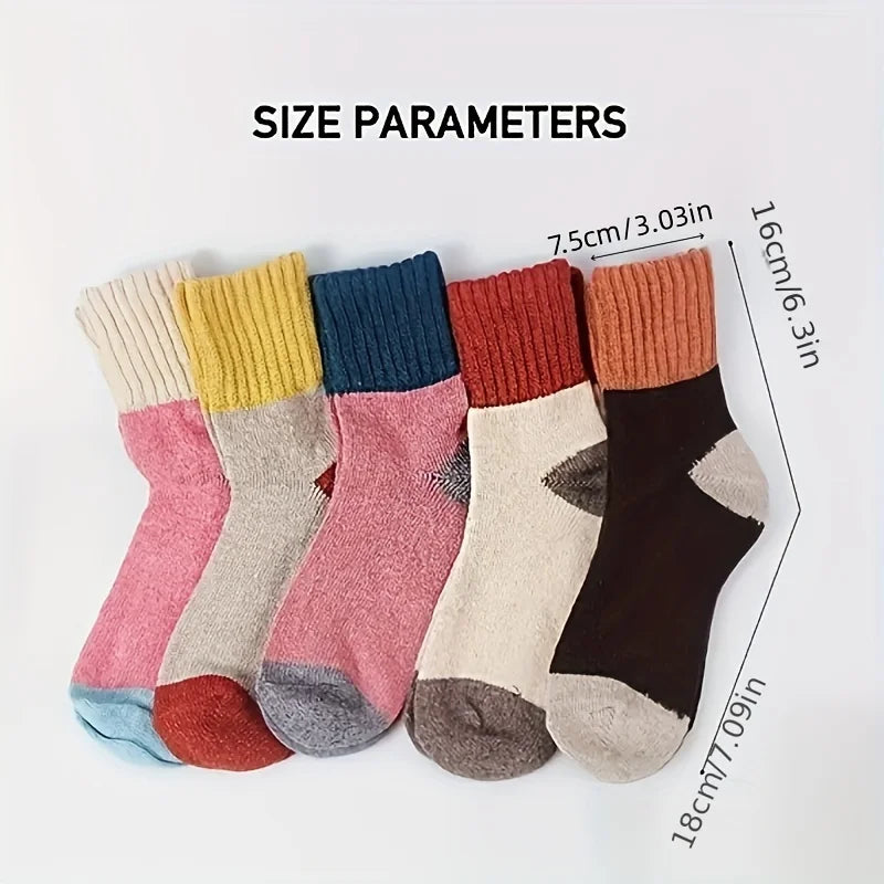 A collection of multi-colored thermal knit crew socks displayed with size parameters.