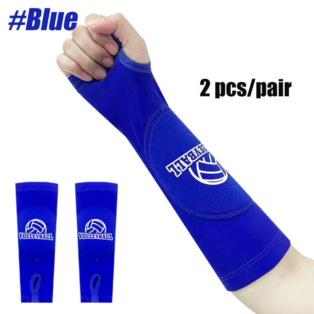 Blue padded volleyball arm sleeves shown on a hand and separate sleeves.