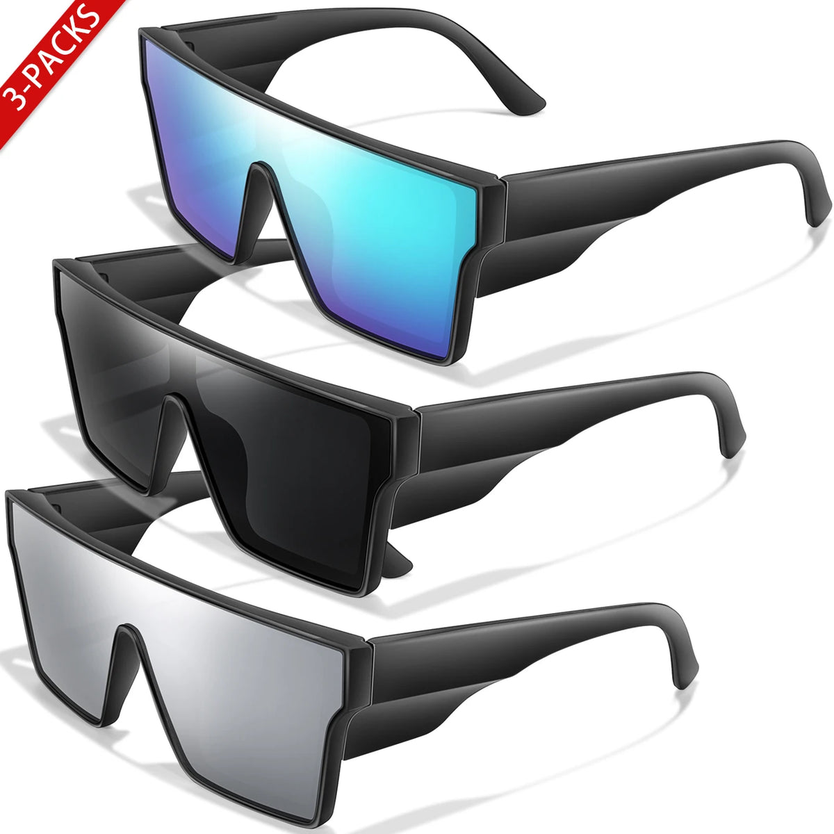 Tres pares de gafas de sol negras con lentes azules y grises mostrados desde varios ángulos