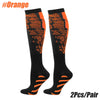 A pair of orange and black multi-use sport compression socks shown against a white background.