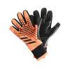 Orange and black goalkeeper gloves with a textured pattern