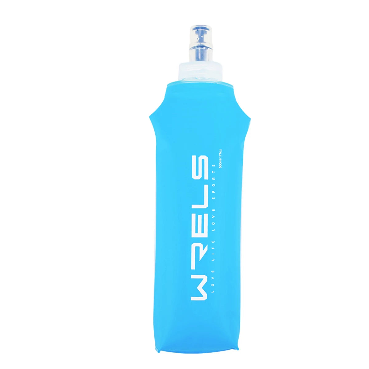 Botella deportiva plegable de silicona azul claro con tapa transparente.