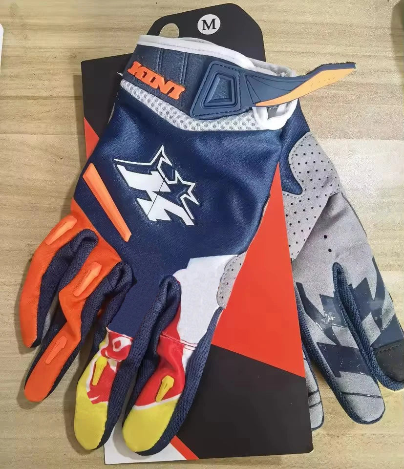 A pair of heavy duty full finger off-road motorcycle gloves in blue, orange, and gray.