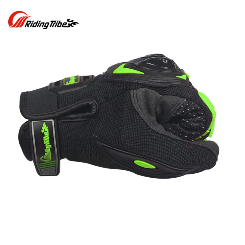 Black motorcycle riding gloves with neon green accents shown from the top view.