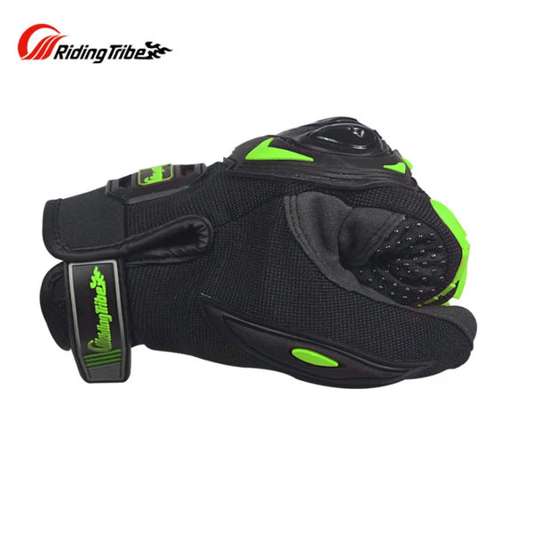 Black motorcycle riding gloves with neon green accents shown from the top view.