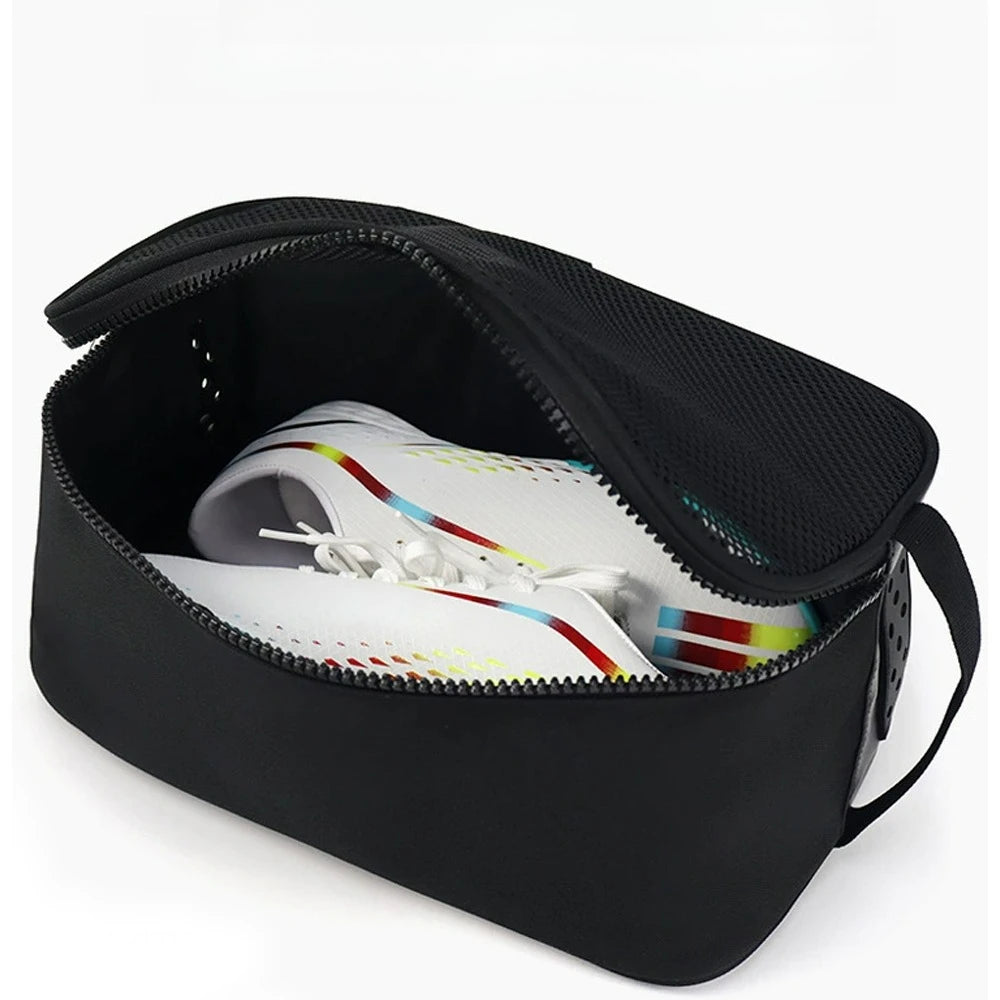 Black waterproof sports shoe carrier bag with a white and colorful shoe inside