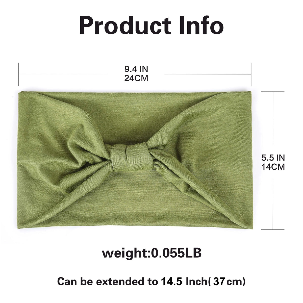 Olive green non-slip elastic headband folded and displayed with dimensions.