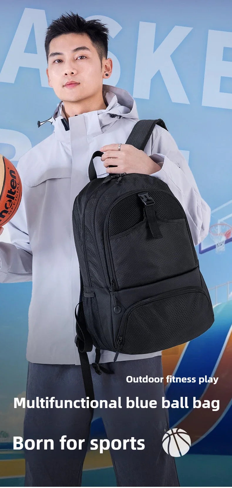 A young man wearing a light gray jacket is holding a black multifunctional blue ball bag.