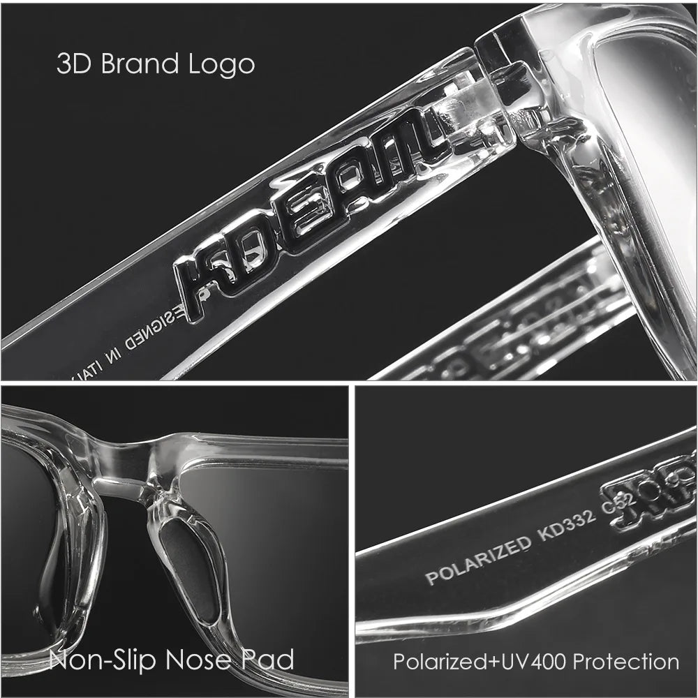 Close-up view of polarized sunglasses showing the 3D brand logo and UV protection features.