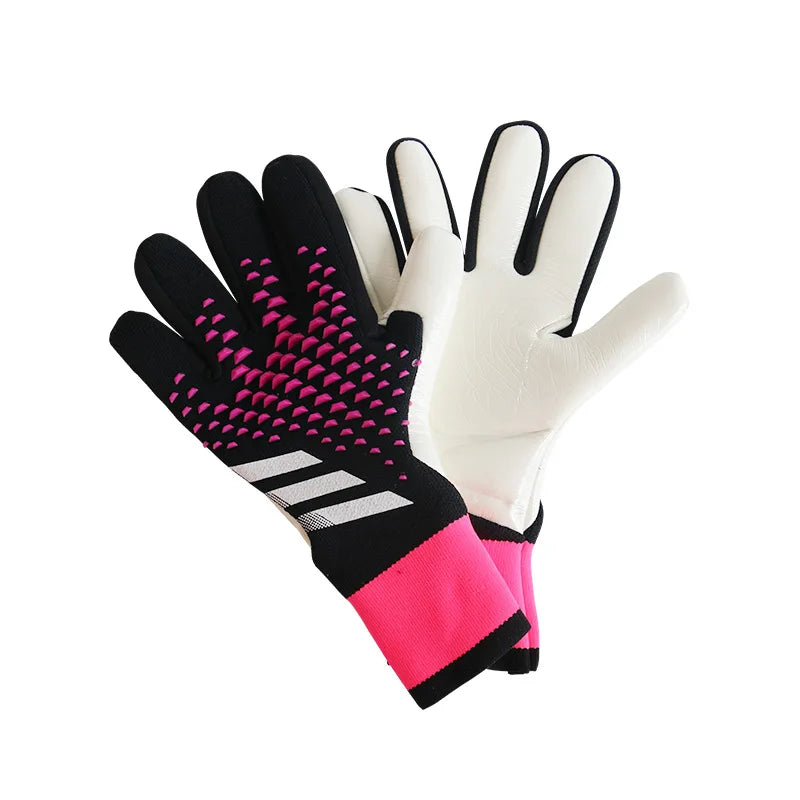 A pair of black and pink goalkeeper gloves with white accents shown against a white background.