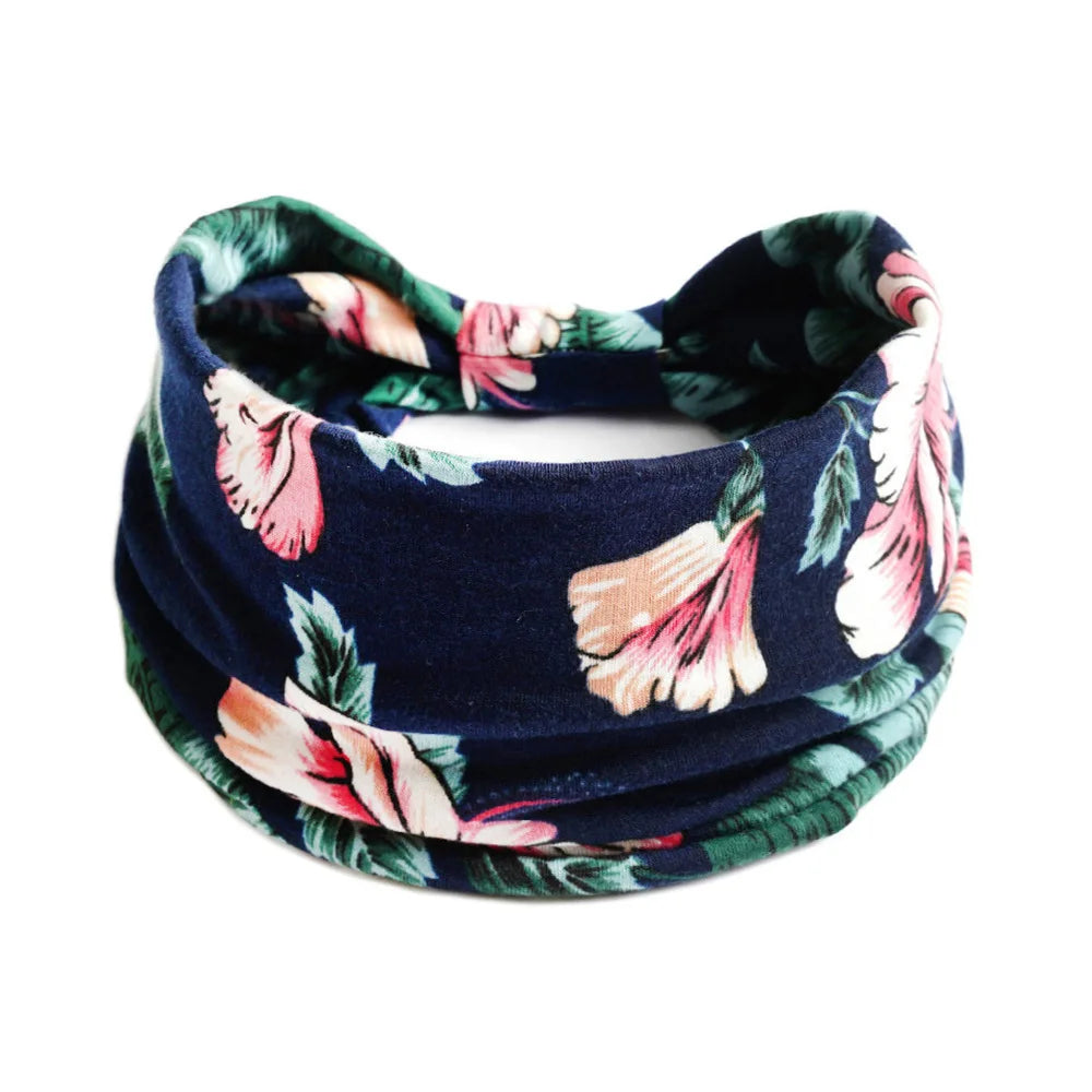 Marineblauer Baumwoll-Yoga-Haarband mit Blumenmuster aus rosa und grünen Blättern