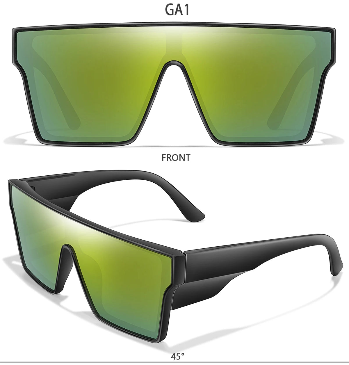 Un par de gafas de sol verde lima mostradas desde el frente y una vista lateral en ángulo de 45 grados.