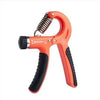 An orange hand grip strengthener with a coiled spring and black grip, designed for forearm and finger strength training.