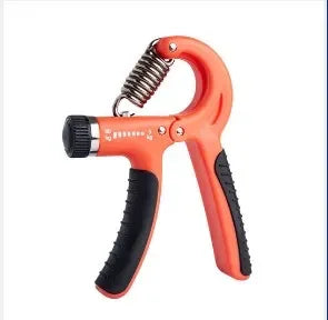 An orange hand grip strengthener with a coiled spring and black grip, designed for forearm and finger strength training.