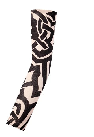 A black and beige seamless tattoo sleeve for sun protection, featuring intricate tribal patterns.