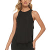 A woman wearing a black quick-dry yoga and gym tank top.