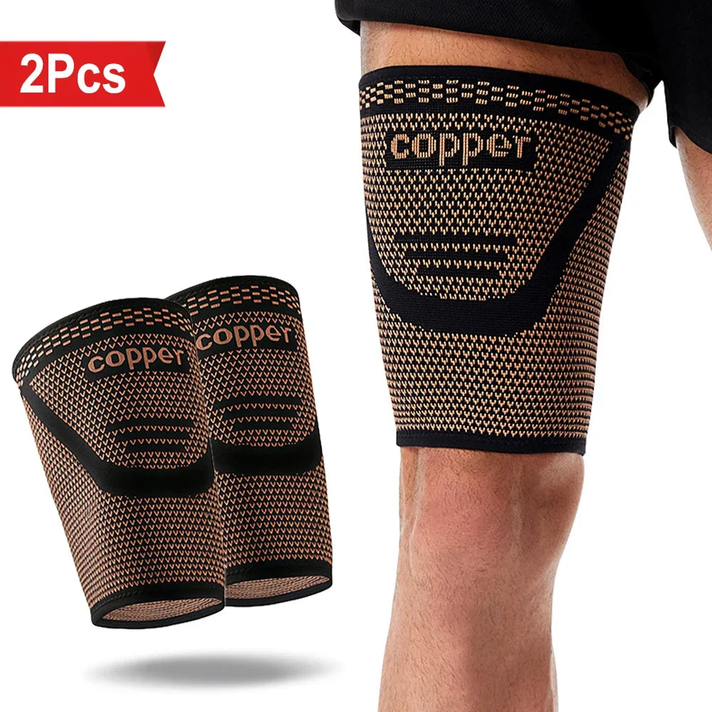 Two copper anti-slip thigh compression sleeves worn on a leg.
