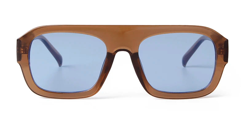 Vintage oversized square sunglasses with a brown tortoiseshell frame and blue-tinted lenses.
