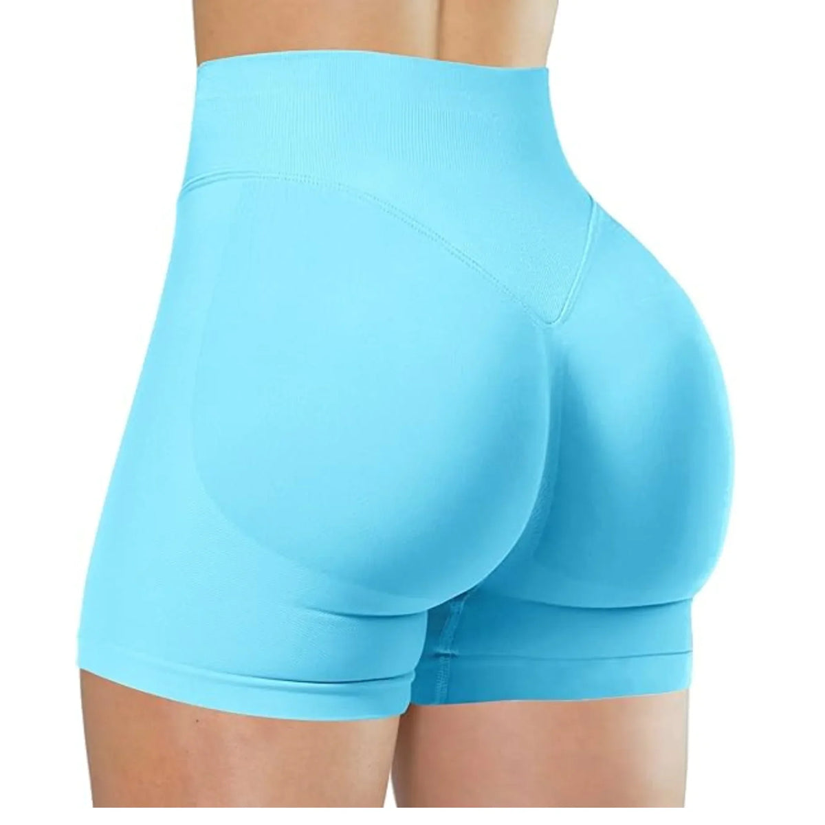 Light blue high-waisted yoga shorts worn by a person from the back view.