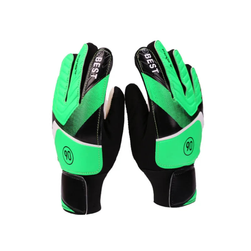 A pair of bright green and black latex goalkeeper football gloves.
