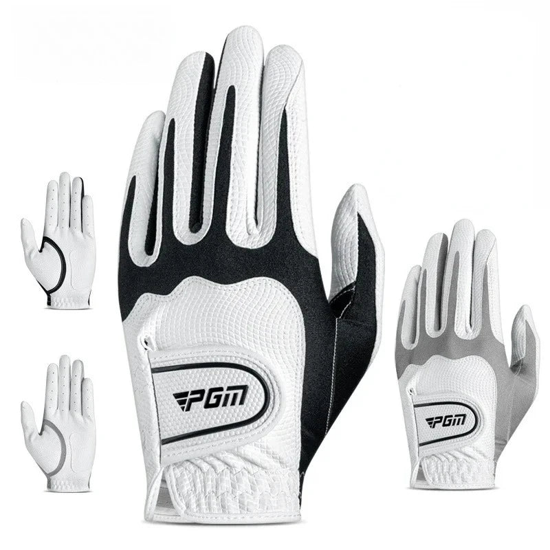 A pair of white and black men's golf gloves shown from the palm side.
