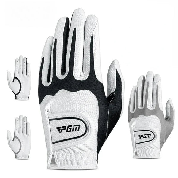 A pair of white and black men's golf gloves shown from the palm side.