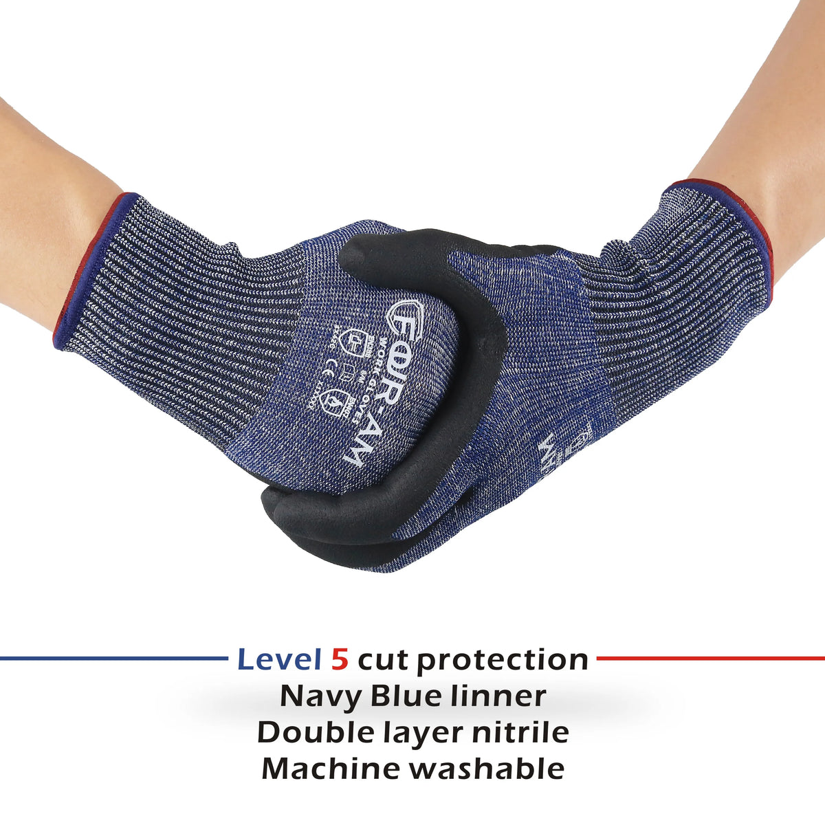 A close-up of navy blue cut-resistant work gloves worn on a hand, showing the liner and double layer construction.