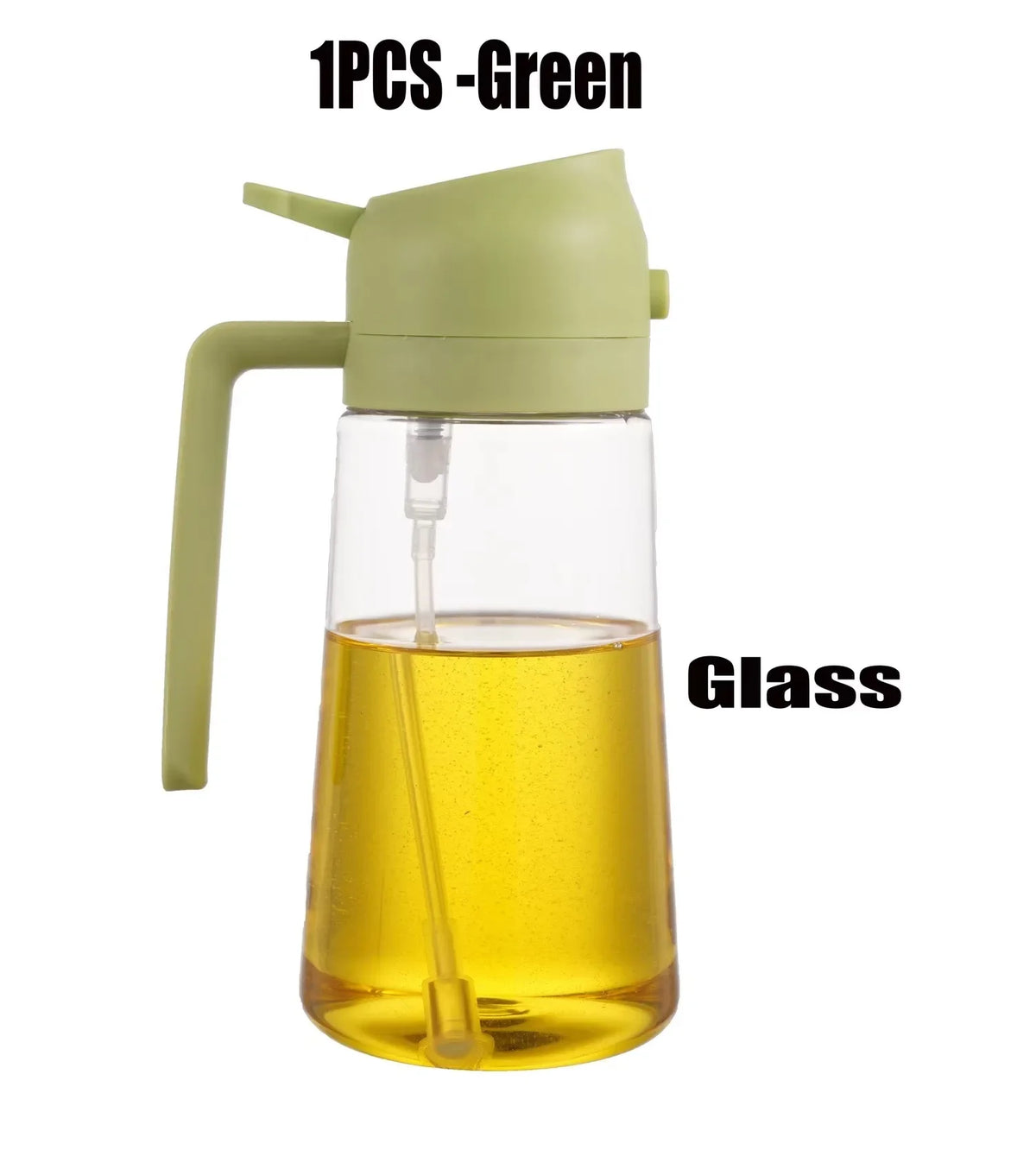 A green glass oil sprayer bottle with a spout is shown.