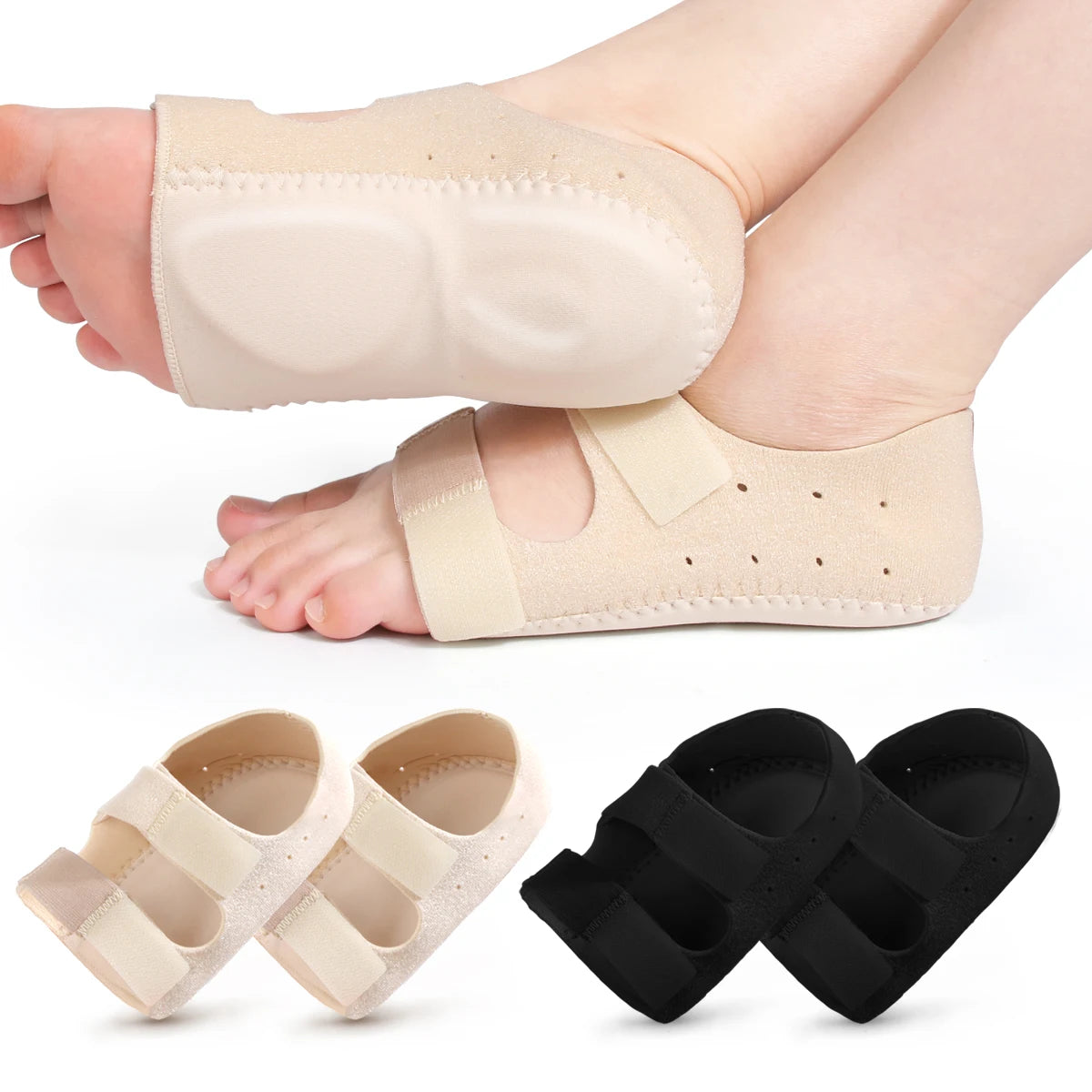 A pair of beige adjustable gel heel cups for foot pain relief shown on a foot and separate black silicone heel cups.