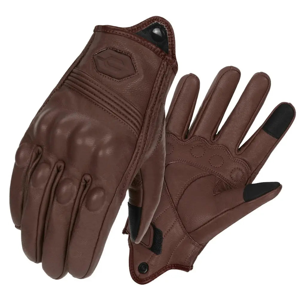 A pair of brown vintage leather motorcycle riding gloves shown from the palm side.