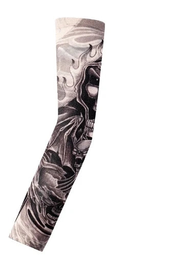 A long seamless tattoo sleeve featuring a detailed skull design in black and gray ink.