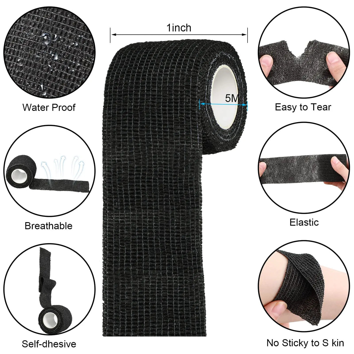 Rouleaux de matériel de bandage élastique réutilisable noir, imperméable, respirant et élastique.